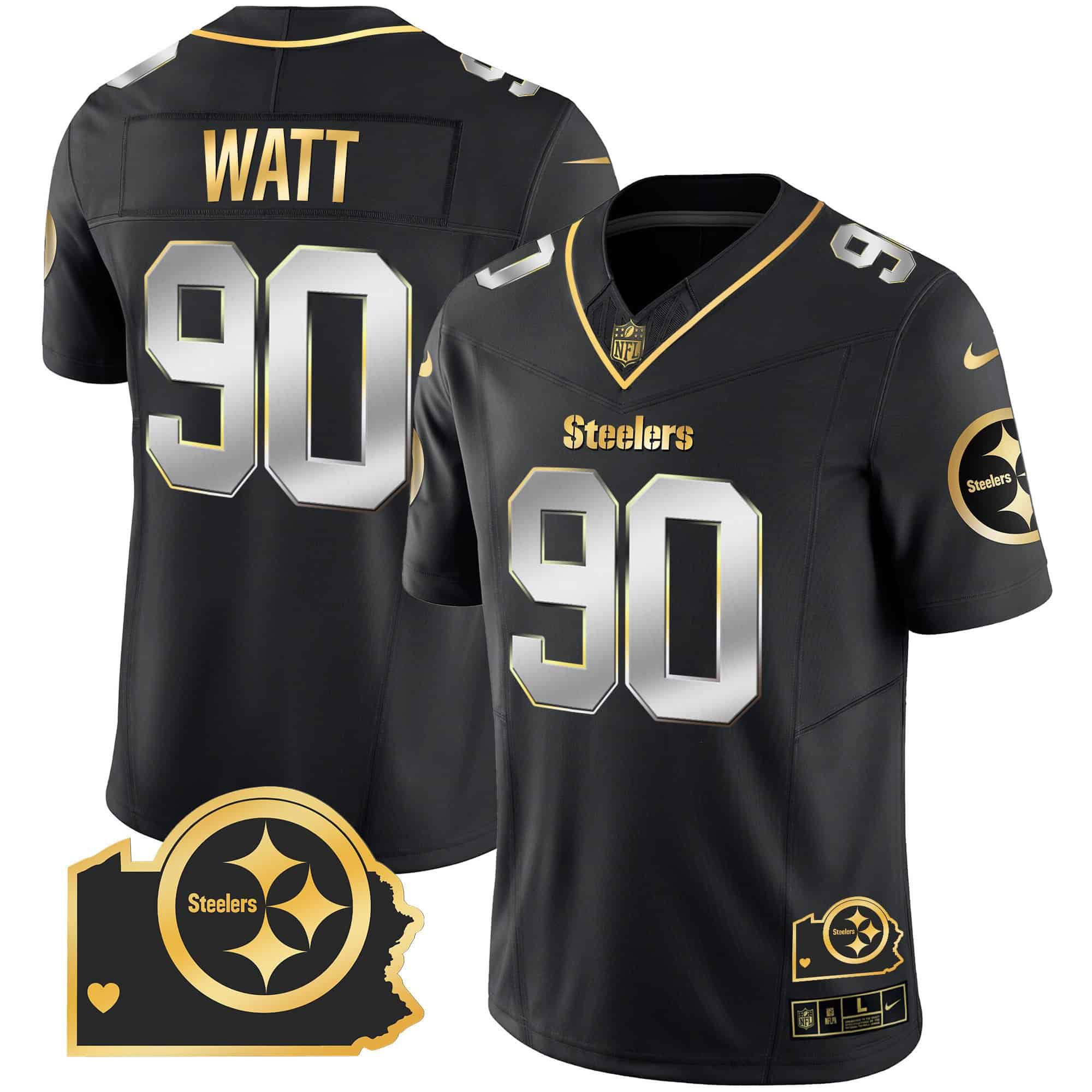 Men Pittsburgh Steelers #90 Watt Black Gold 2024 Nike Home Patch Vapor Limited NFL Jersey style 1